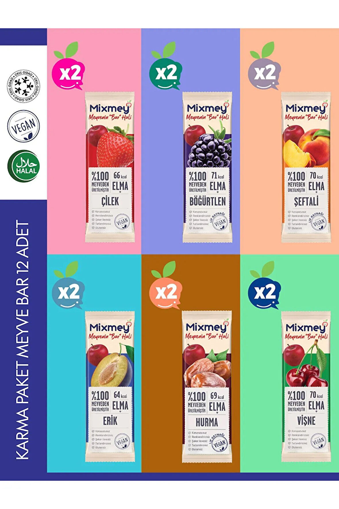 Mixmey Karma 2 Paket Meyve Bar 12 Adet | Glutensiz Ve Vegan Sağlıklı Atıştırmalıklar - 20gr X 12 Adet