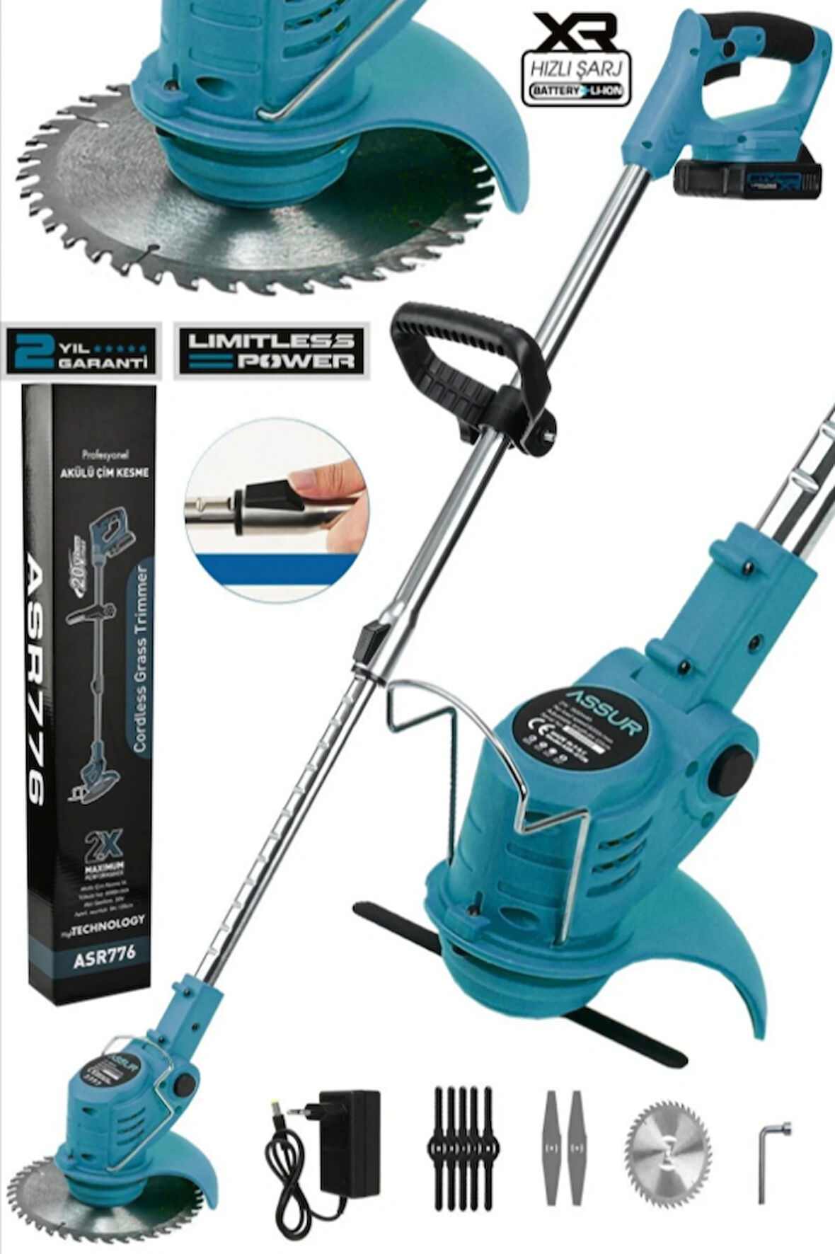 Assur Plus 21V Çift Akü Uzatma Kollu Çim Çalı Ot Biçme Tırpanı