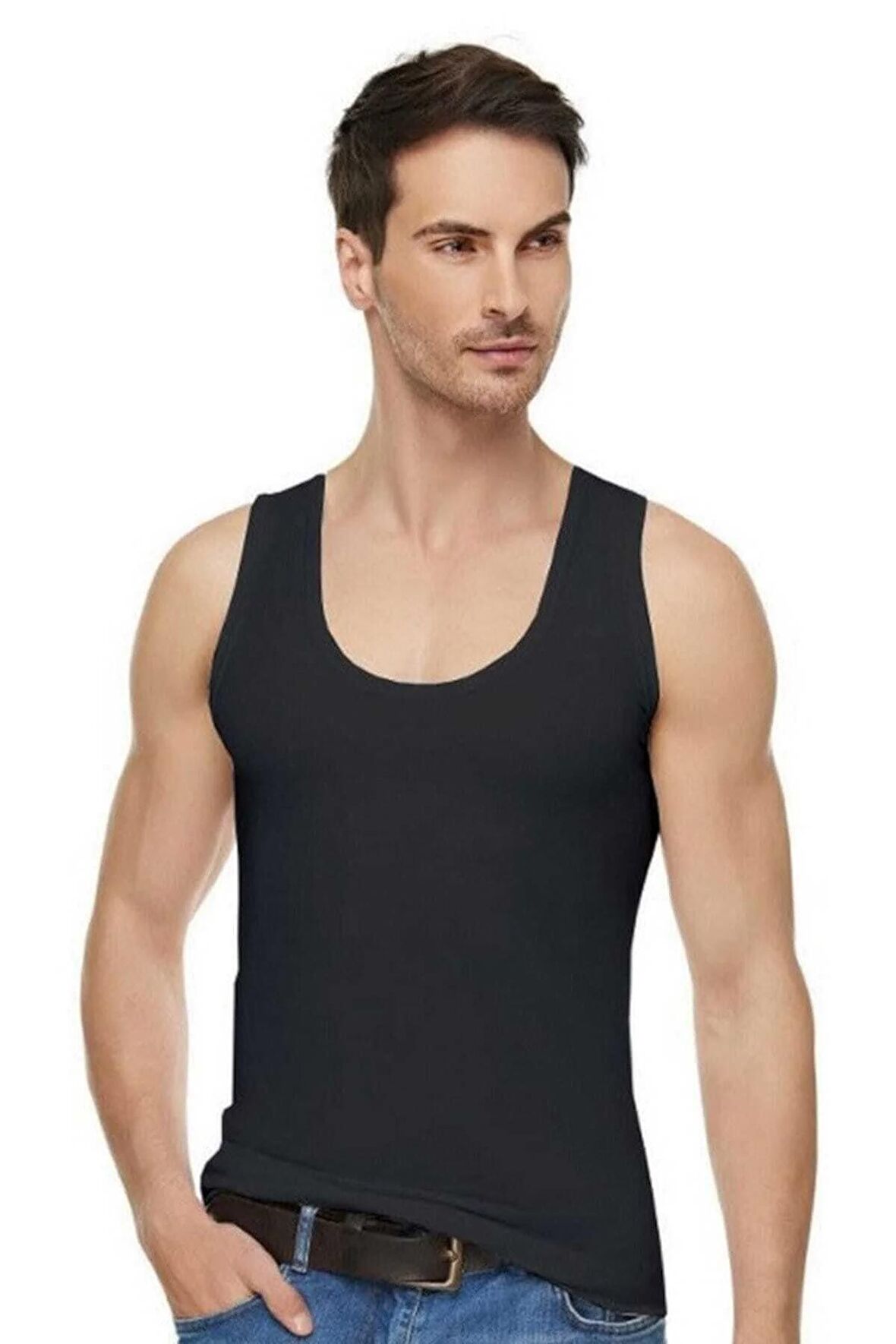 Erkek Siyah Pamuklu Likralı Elastan 12'li Atlet