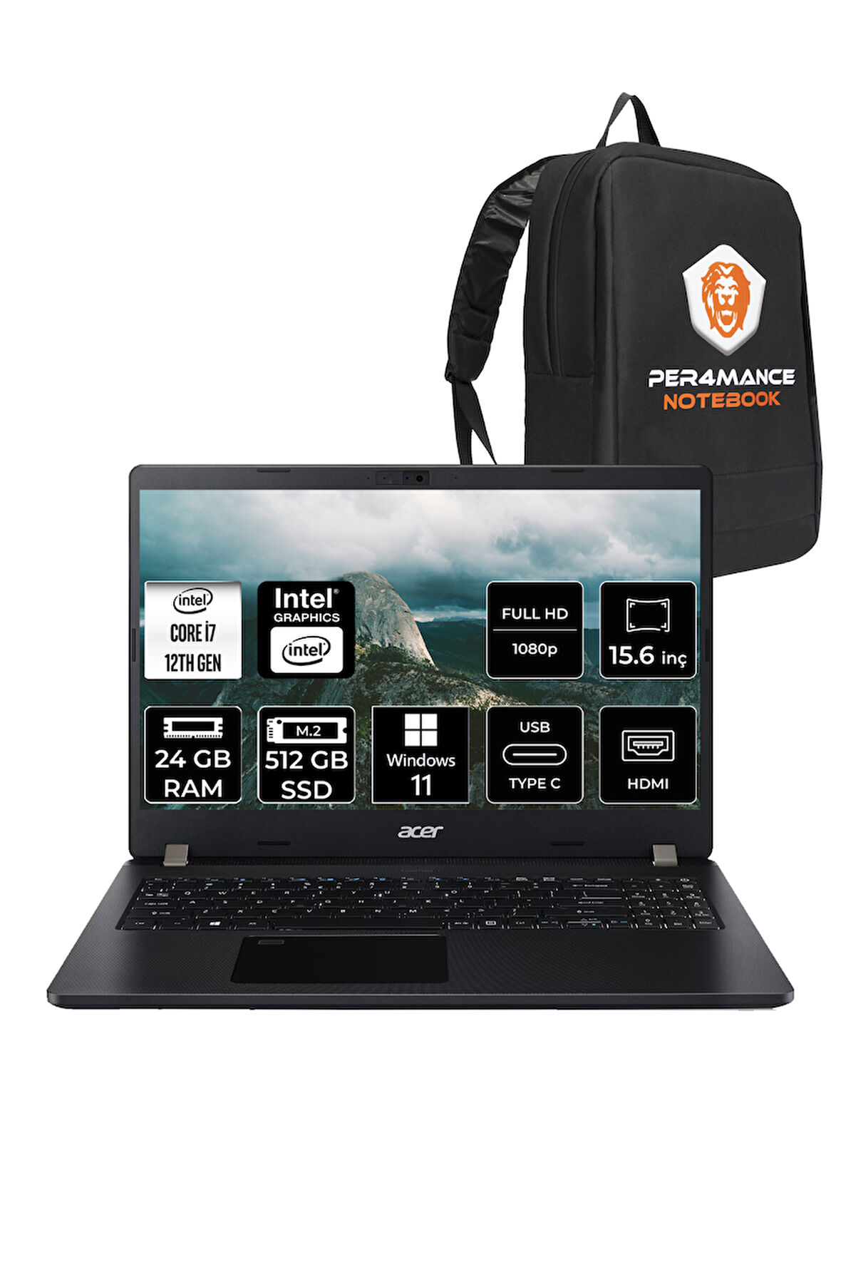 ACER TravelMate P2 i7 1255U 24GB RAM 512GB SSD 15.6'' FHD W11P Taşınabilir Bilgisayar & PER4 ÇANTA