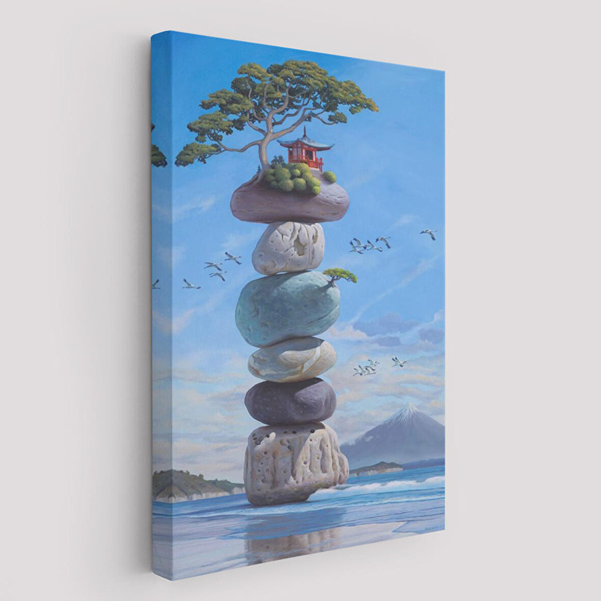 Sahilde Renkli Denge Taşları, Meditasyon, Yoga, Spiritüel Baskı Kanvas Tablo-5239