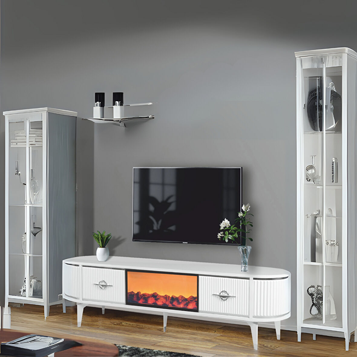 Maya Şömineli Tv Sehpası Beyaz Gümüş Detaylı Oval Tasarım 180x53x40 Cm