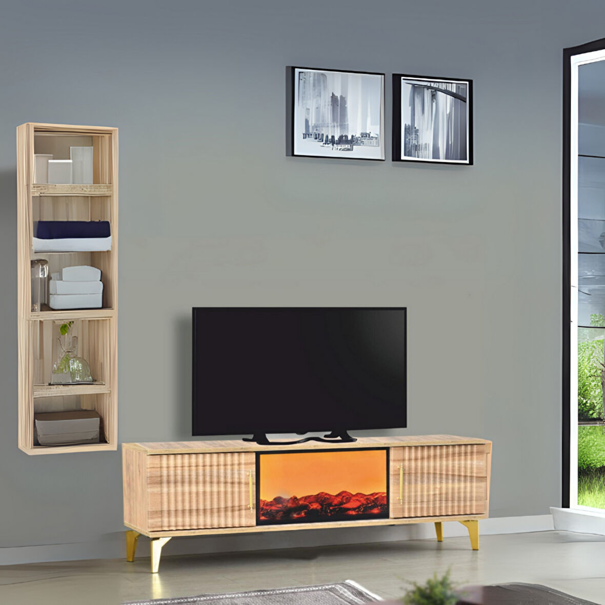 Rüya Dekoratif Şömineli TV Sehpası Atlantik Çam Gold Kulplu 2 Kapaklı Alev Efektli 150x50x36 Cm