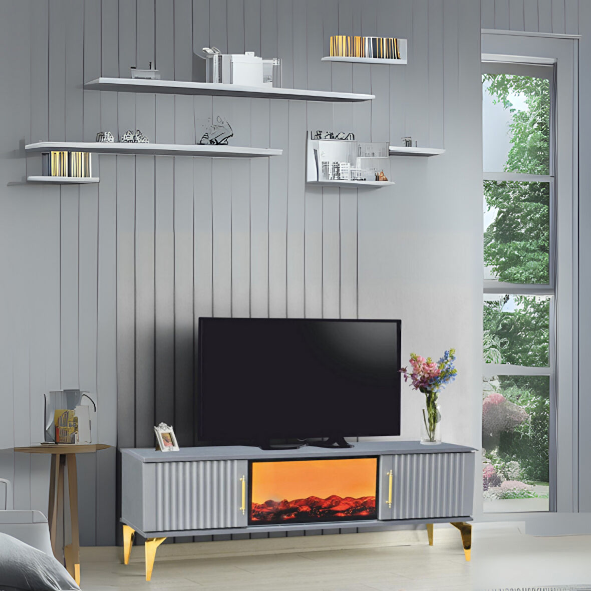 Rüya Dekoratif Şömineli Tv Sehpası - Antrasit Gold Kulplu 2 Kapaklı Alev Efektli 150x50x36 Cm