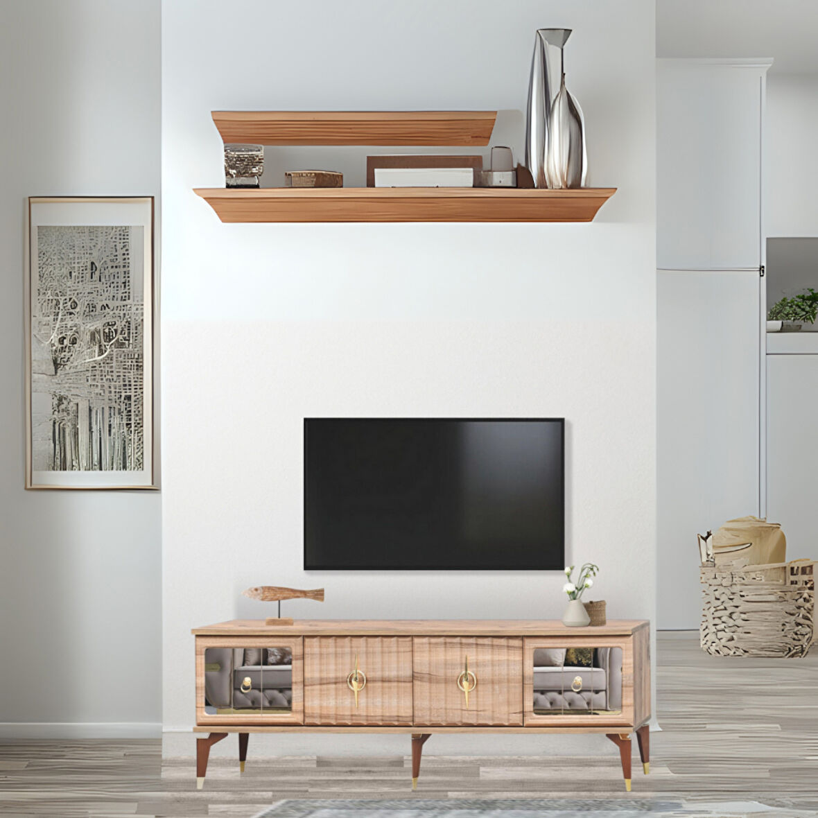 Tuna Tv Sehpası Atlantik Çam 4 Kapaklı Ayna Detaylı Altın Kulplu 160x52x36 Cm