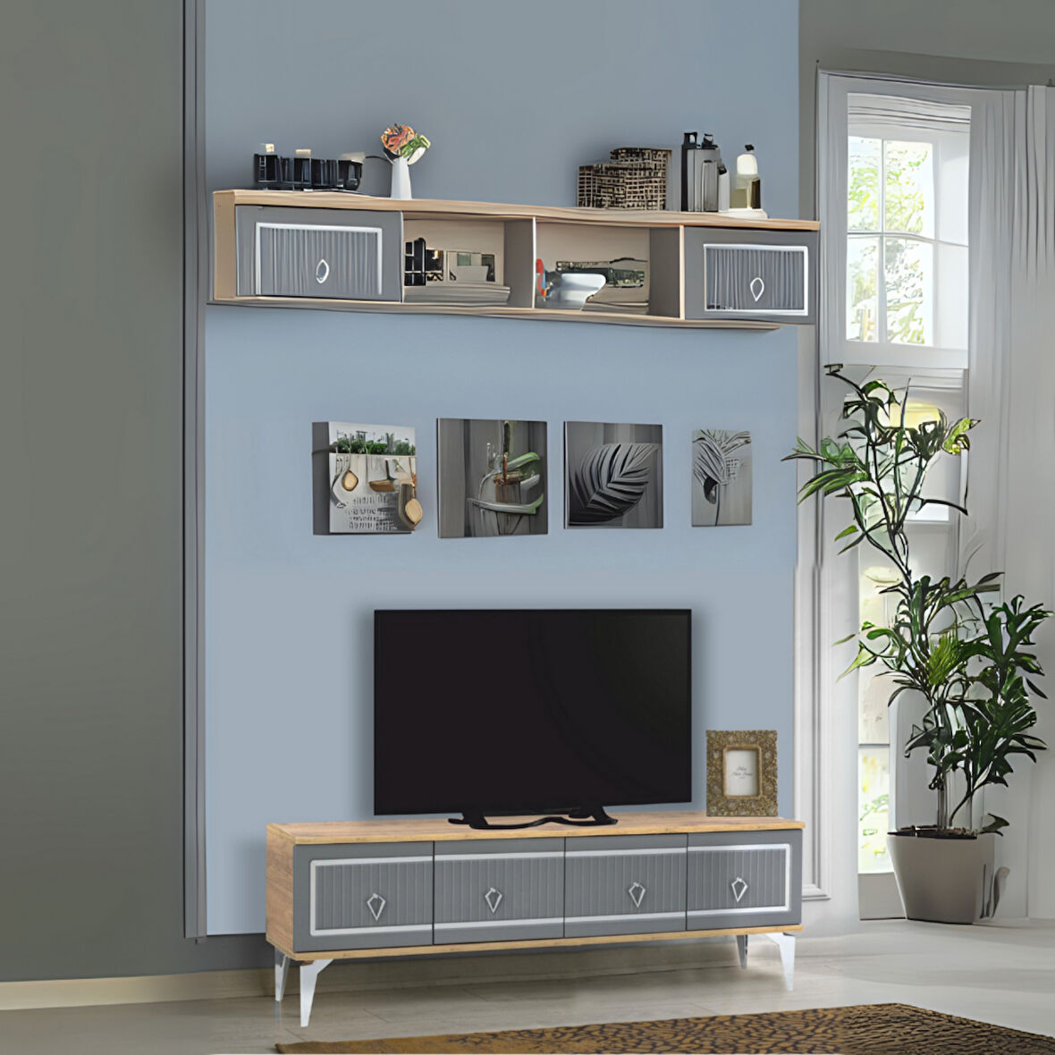 Vina Tv Sehpası Atlantik Çam Antrasit Gümüş Şeritli 4 Kapaklı Sehpa 160x36x50 Cm