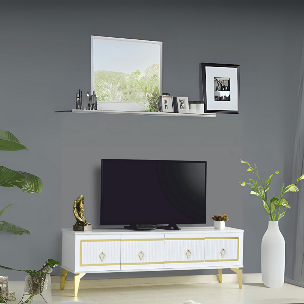 Vina Tv Sehpası Beyaz Gold 4 Kapaklı Çizgili Kulplu Metal Ayaklı 160x36x50 Cm