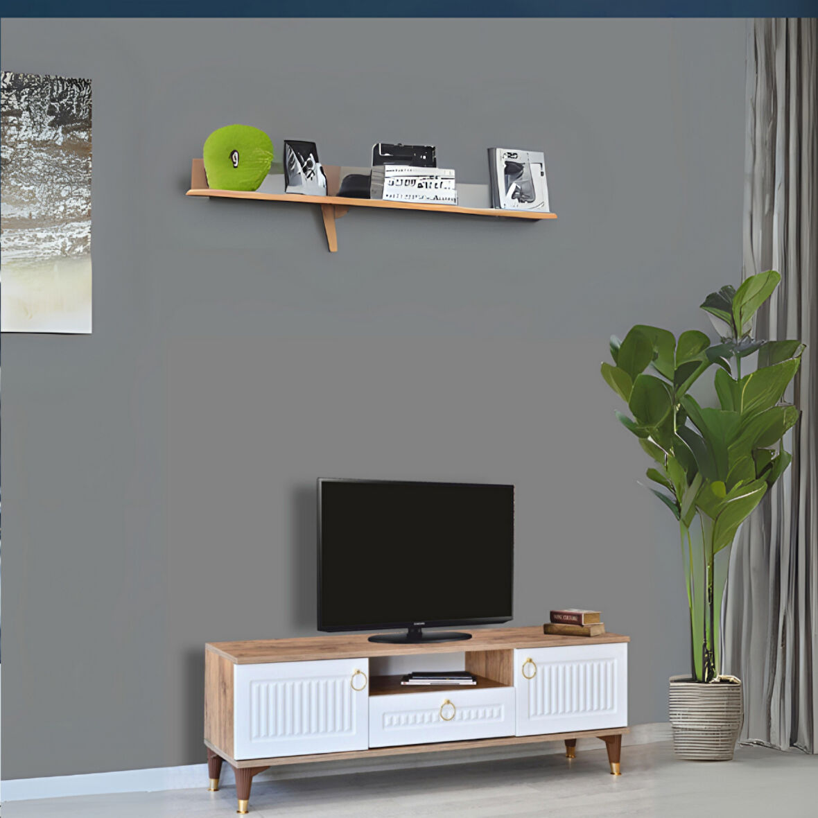 Mindy Tv Sehpası Atlantik Çam Beyaz Gold Detaylı 2 Kapaklı 1 Çekmeceli 160x50x36 Cm