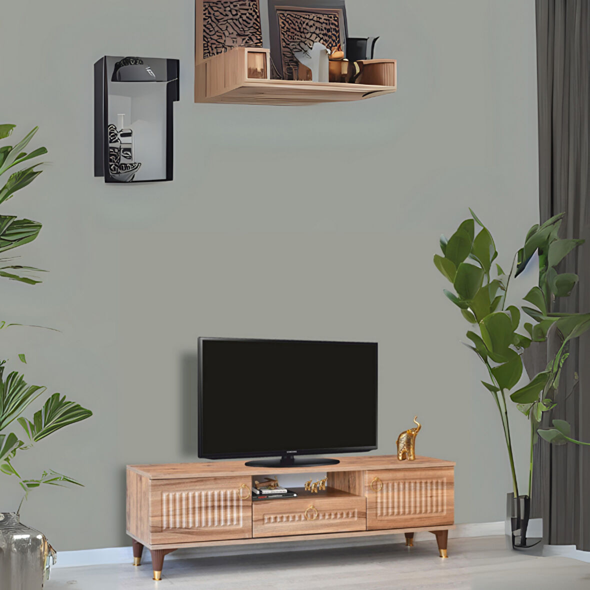 Mindy Tv Sehpası Atlantik Çam 2 Kapaklı 1 Çekmeceli Gold Halkalı Kulplu 160x36x50 Cm