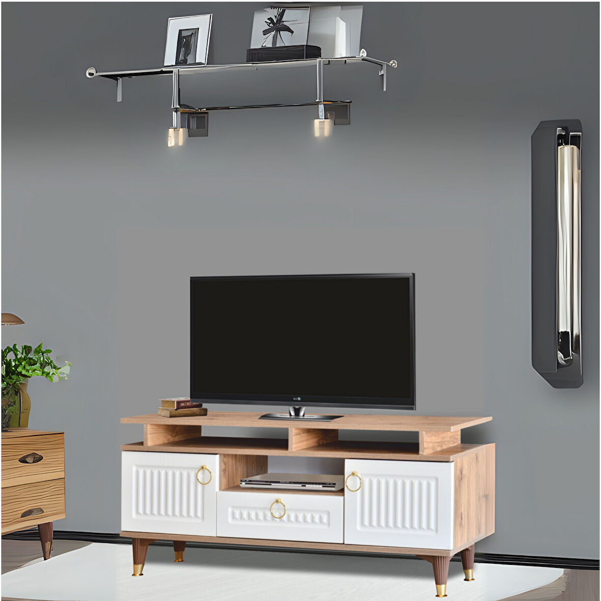 Pera TV Sehpası Atlantik Çam Krem Renkli 2 Kapaklı 1 Çekmeceli Raflı Üst Panel 130x59x36 Cm