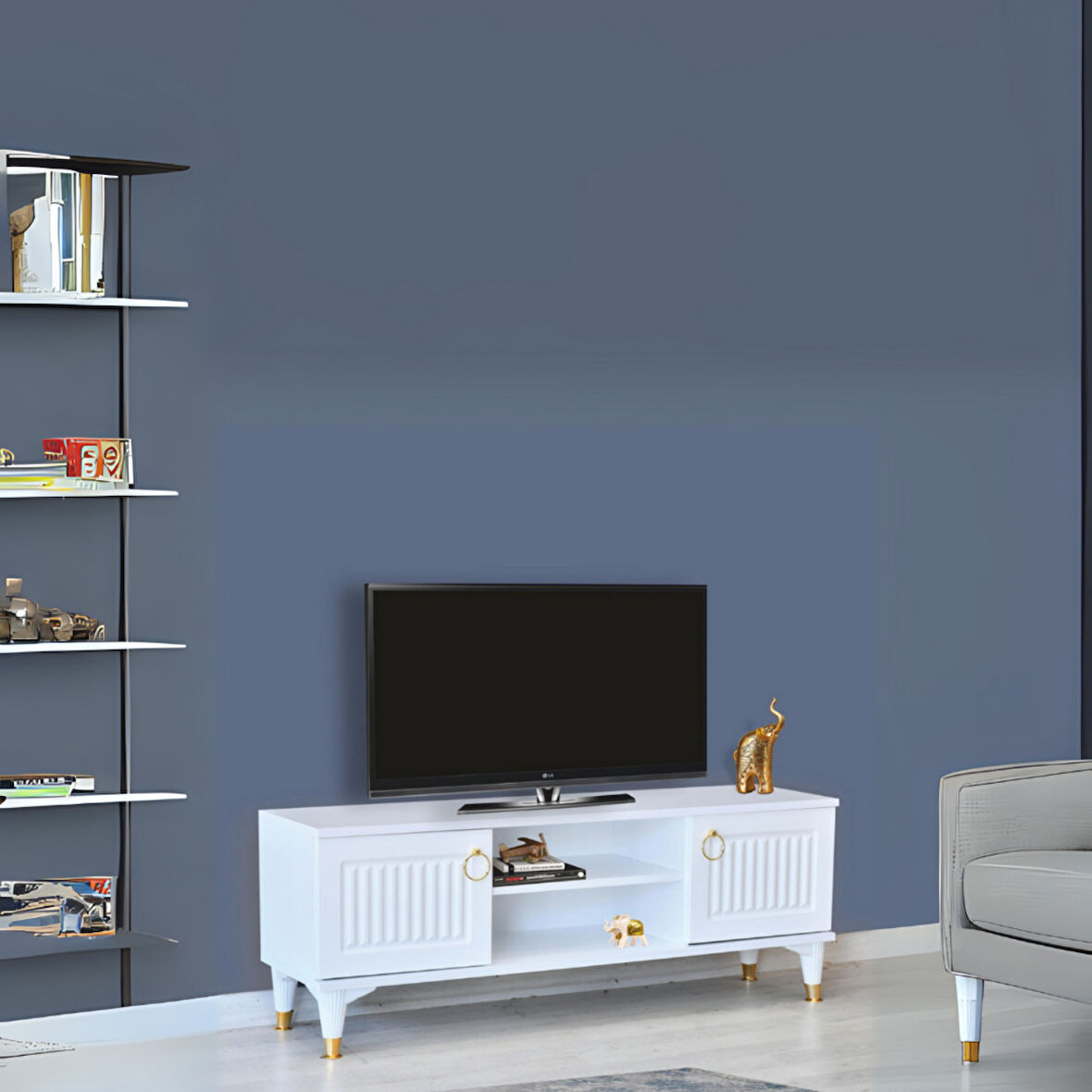 Eva Tv Sehpası Beyaz Gold Kulplu Kapaklı Raflı Yüksek Ayaklı Sehpa 130x36x50 Cm