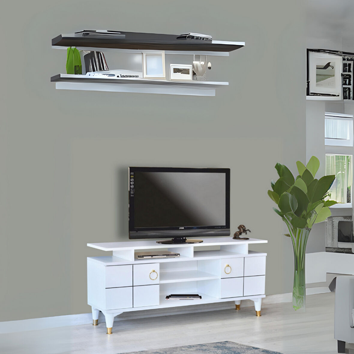 Mega Tv Sehpası Beyaz 2 Kapaklı Raflı Gold Detaylı Sehpa 130x36x59 Cm