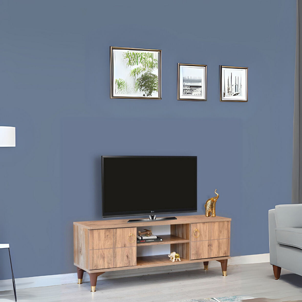 Lenatv Sehpası Atlantik Çam 2 Kapaklı Gold Halkalı Kulplu Yerden Yüksek 130x36x50 Cm