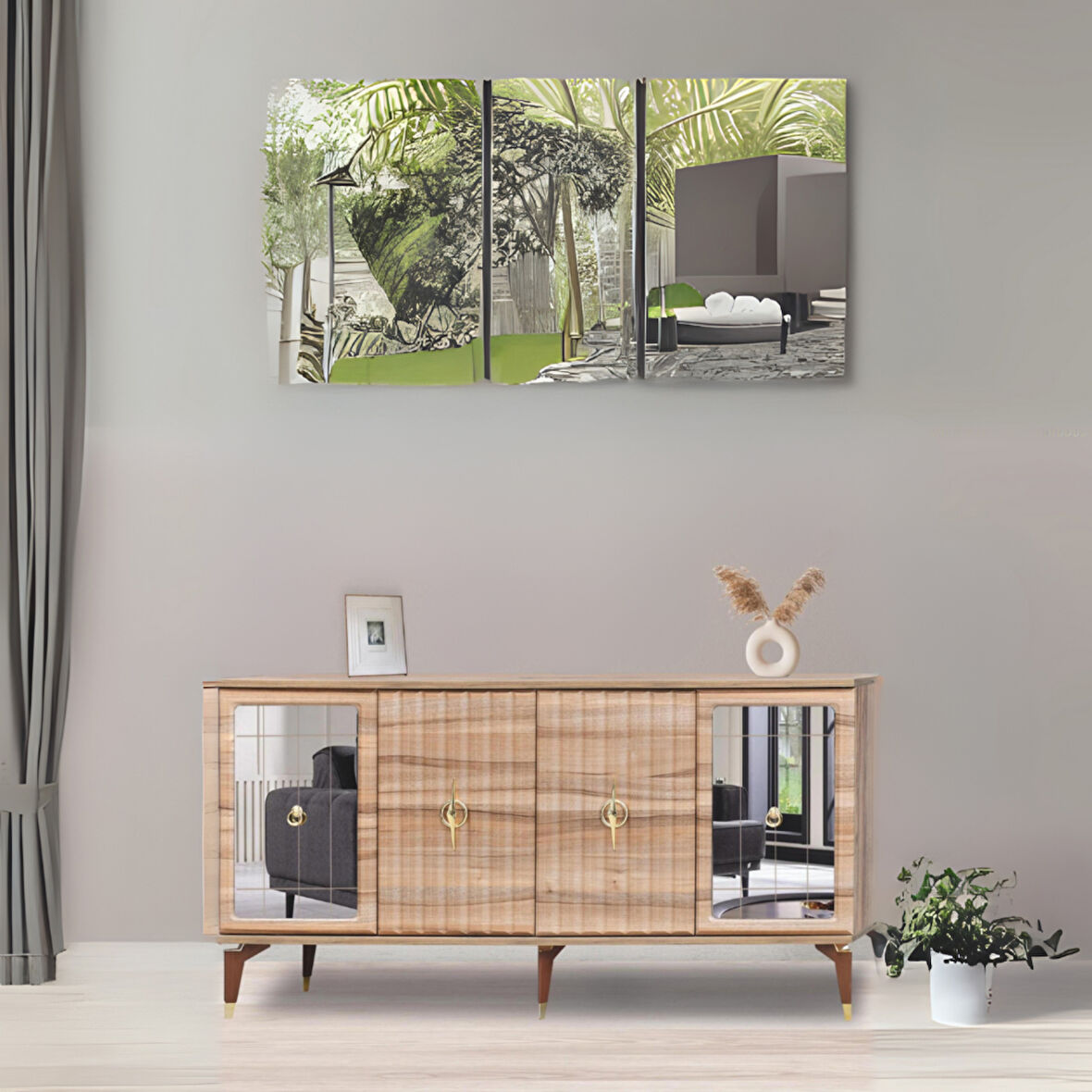 Tuna Konsol Atlantik Çam Yanları Aynalı Gold Halkalı Kulplu 4 Kapaklı Konsol 160x44x82 cm