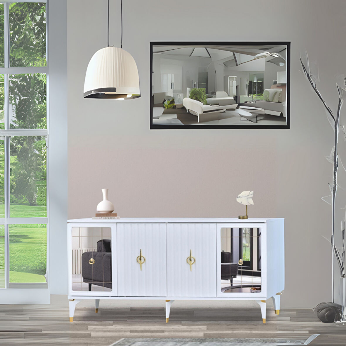 Tuna Konsol Beyaz Yanları Aynalı Gold Halkalı Kulplu 4 Kapaklı Konsol 160x44x82 cm