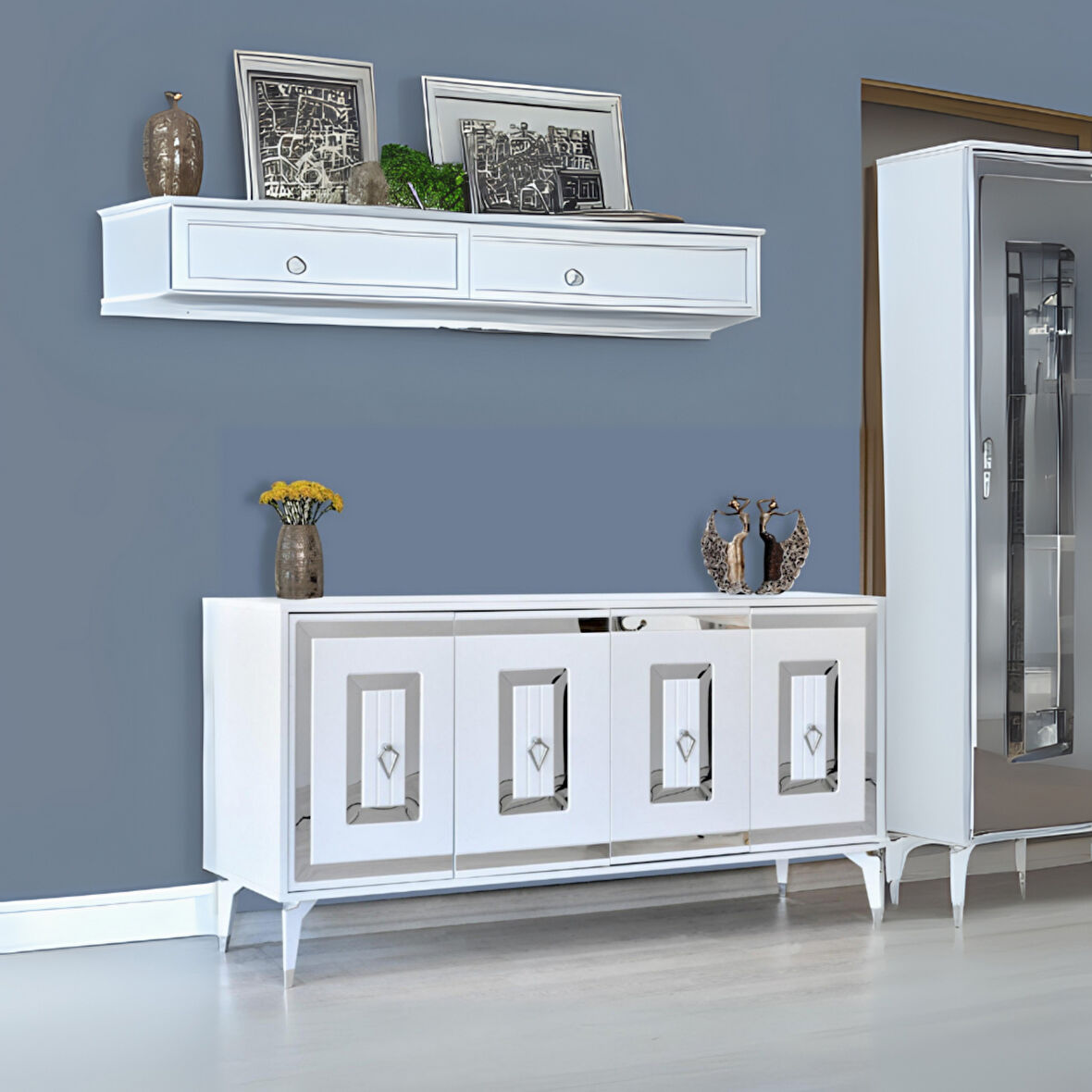 Ala Beyaz Gümüş Şerit Detaylı Konsol 4 Kapaklı Mebran 164x44x80 Cm
