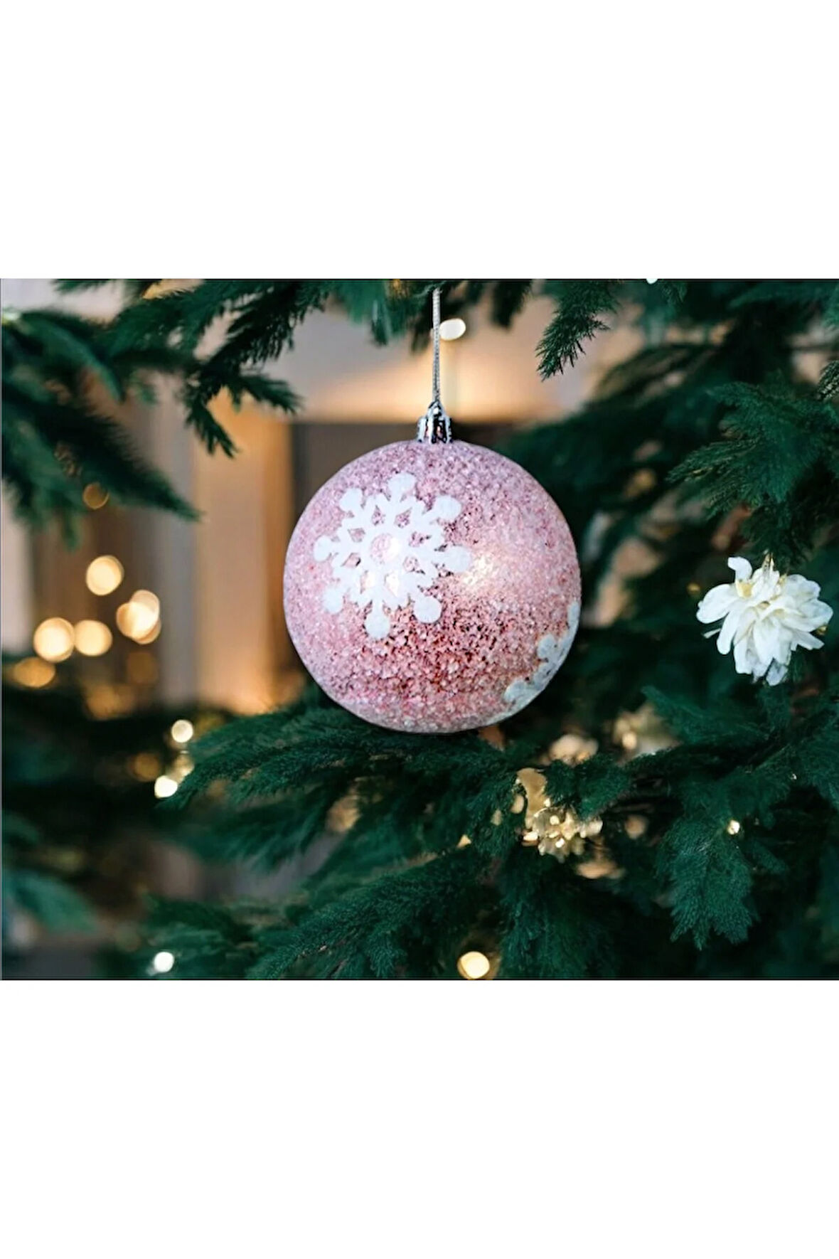 Yılbaşı Süsü Kar Taneli 2'li Top Pembe 10 cm