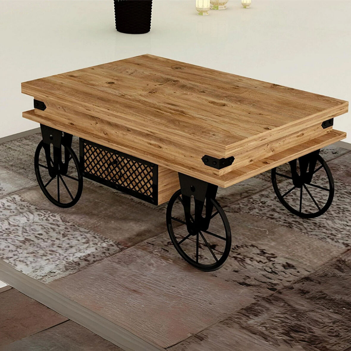 Dora Tekerlekli Akıllı Sehpa Atlantik Çam Renkli Metal Ayaklı 2 Çekmeceli Çok Amaçlı 90x43x60 Cm