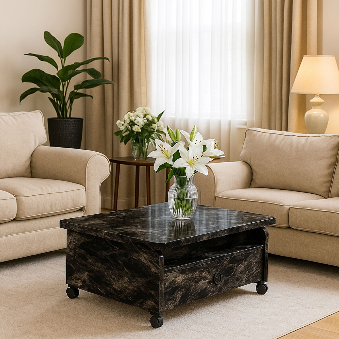 Serra Akıllı Sehpa Siyah Mermer Desenli 2 Çekmeceli Açılabilir Fonksiyonel Masa 90x67 Cm