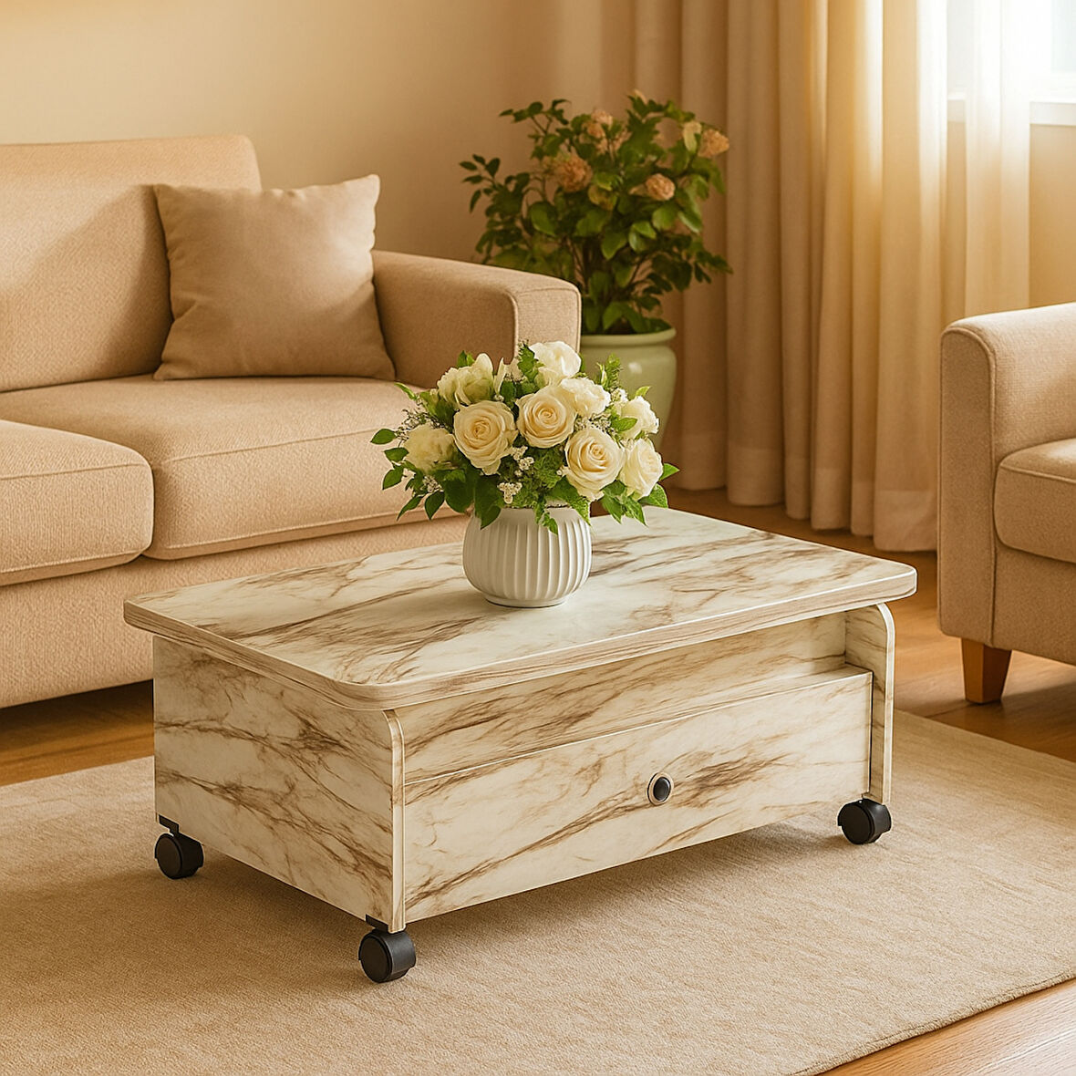 Serra Akıllı Sehpa Efes Mermer Desenli Tekerlekli Çift Çekmeceli 4 Kademe Fonksiyonlu 90x67 Cm