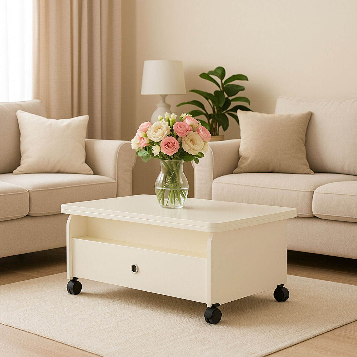 Serra Akıllı Sehpa Beyaz Renkli Tekerlekli Açılır Kapanır 2 Çekmeceli Fonksiyonlu Tabela 90x60 Cm