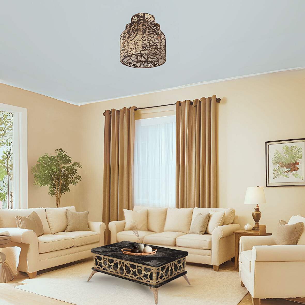 Zeren Akıllı Sehpa Siyah Mermer Desenli Lazer Kesim Detaylı 4 Farklı Kullanım 90x60 Cm