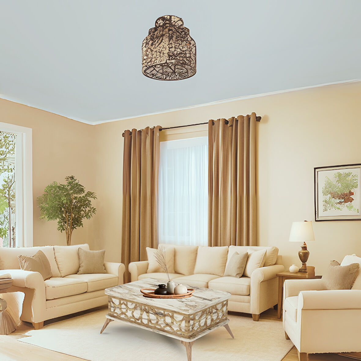 Zeren Akıllı Sehpa Efes Desenli Lazer Kesim Açılır Kapanır Fonksiyonlu Sehpa 90x60 Cm