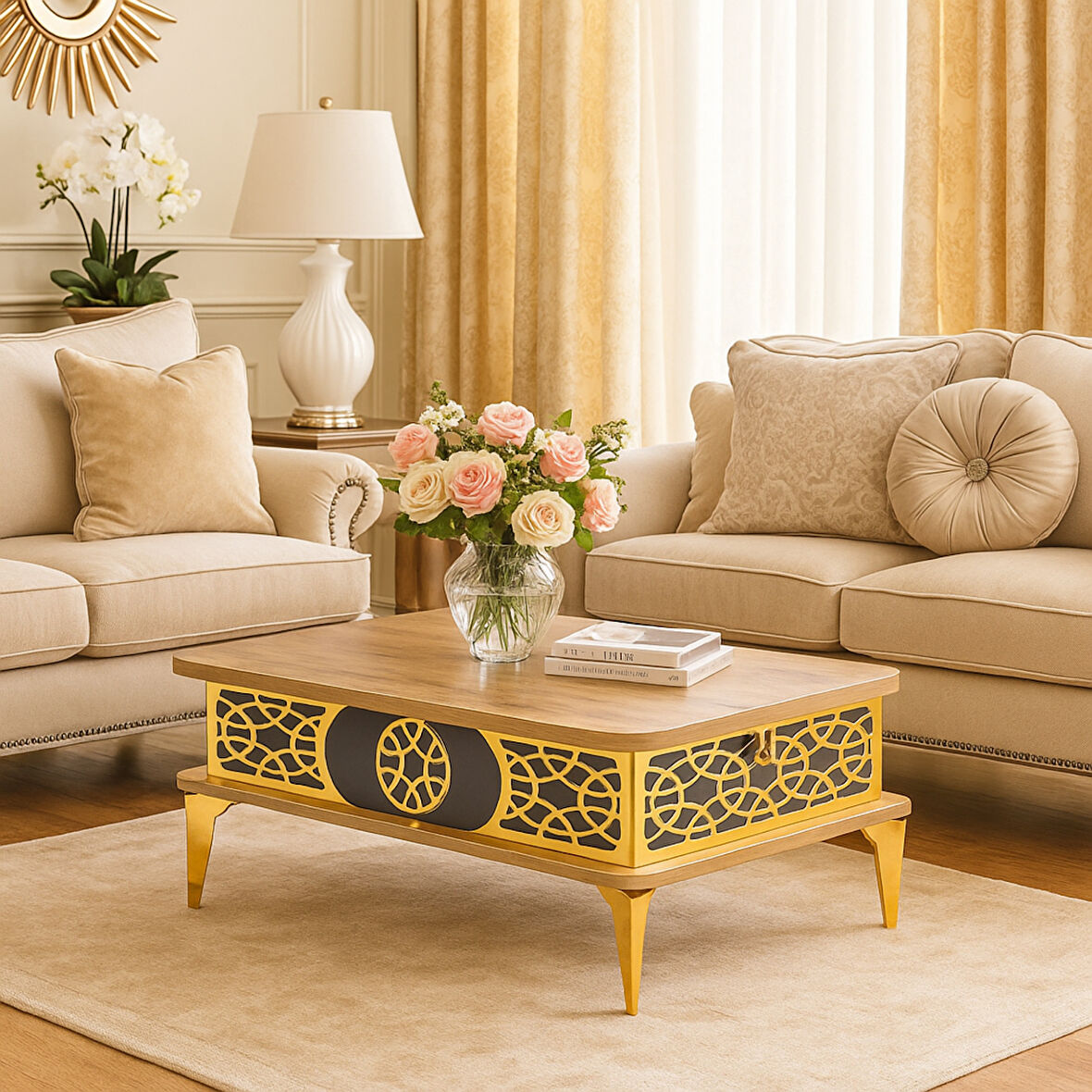 Lily Akıllı Sehpa Atlantik Çam Antrasit Gold Lazer Desenli Çok Amaçlı Tabela 90x60 Cm