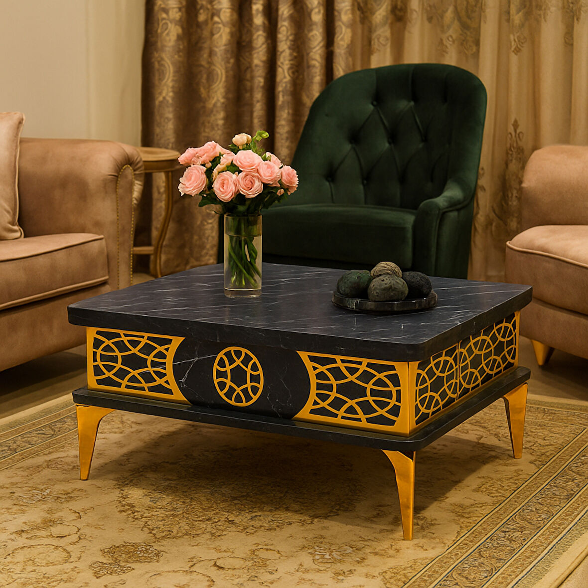 Lily Akıllı Sehpa Siyah Mermer Gold Desenli Çok Amaçlı Fonksiyonel Sehpa 90x60Cm