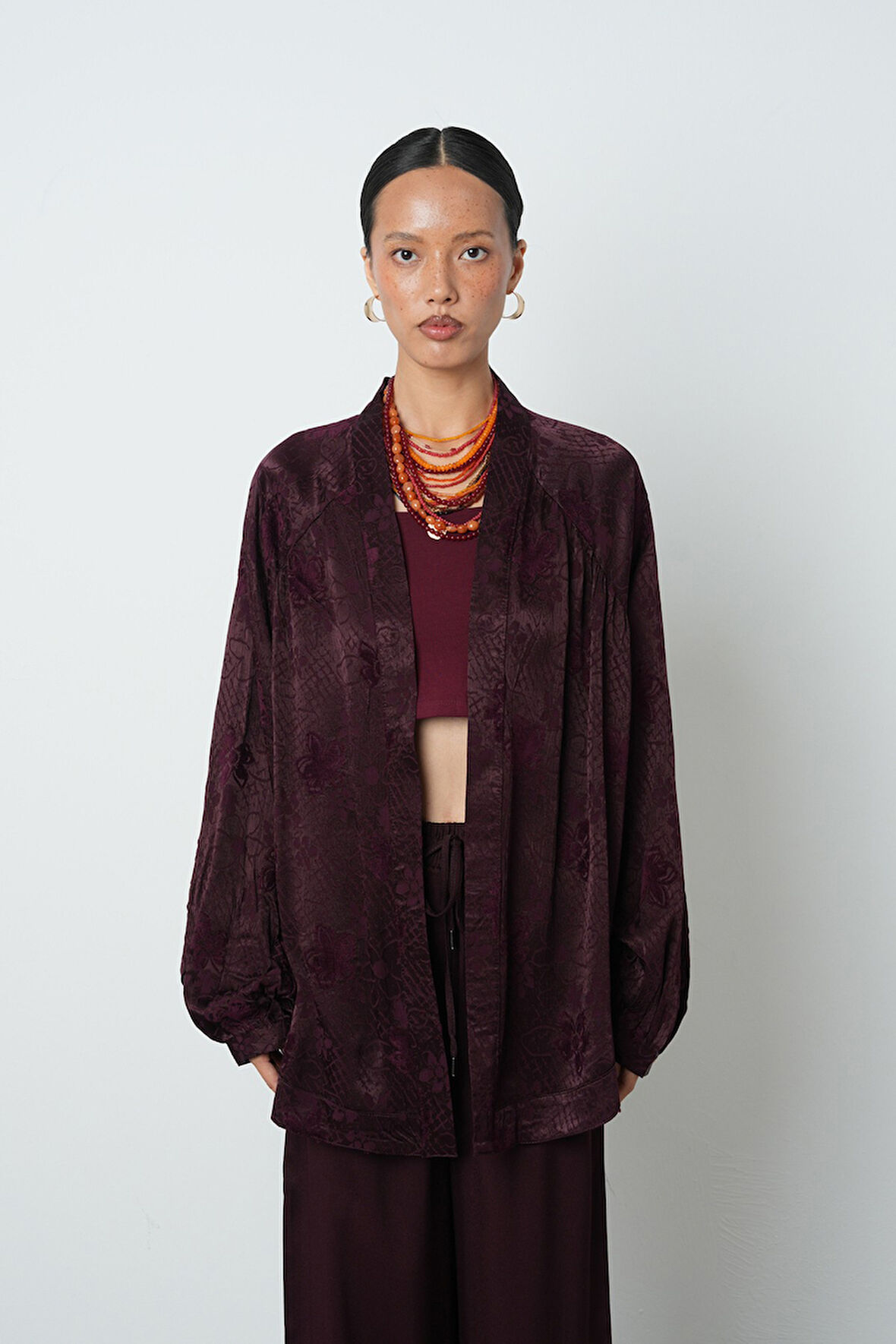 Kadın Bordo Çiçek Desenli Oversize Tesettür Kimono