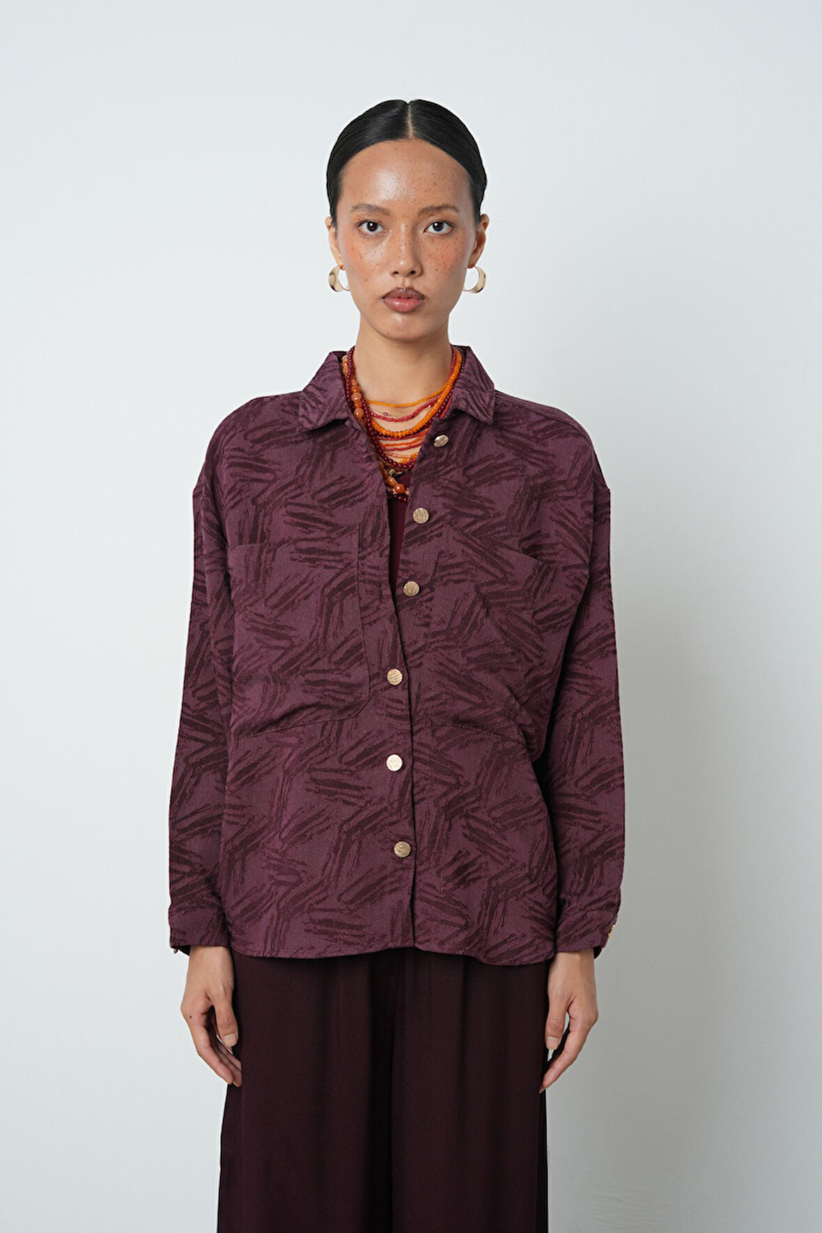 Kadın Bordo Renk Çift Cepli Desenli Gömlek - Ceket