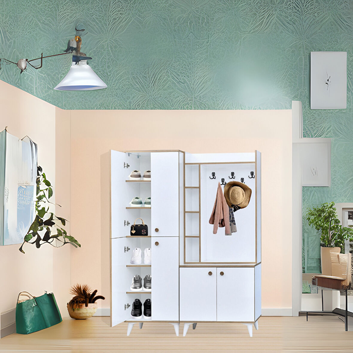 İnci Portmanto Takımı Beyaz Raflı Askılıklı Çok Bölmeli Kapaklı Ayakkabılık 140x37x195 Cm