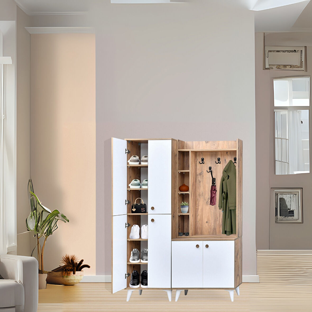 İnci Atlantik Çam Beyaz Portmanto Takımı  Raflı 4 Kapaklı Askılık Ve Ayakkabılık 140x37x195 Cm