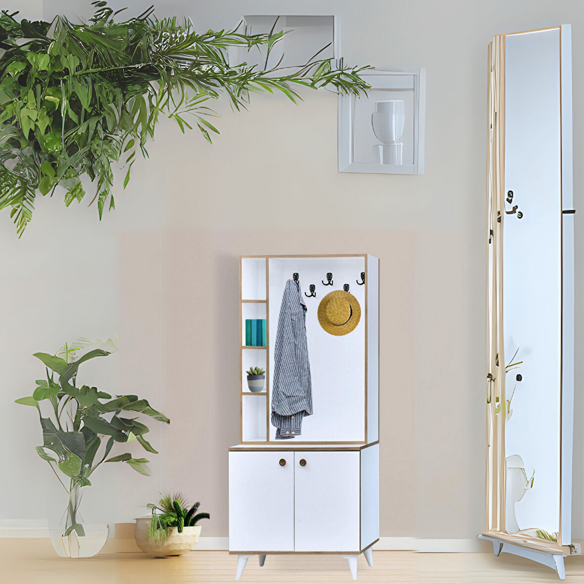 İnci Portmanto Askılıklı Beyaz Raflı Çok Bölmeli 2 Kapaklı Yüksek Ayaklı Portmanto 80x37x195 Cm