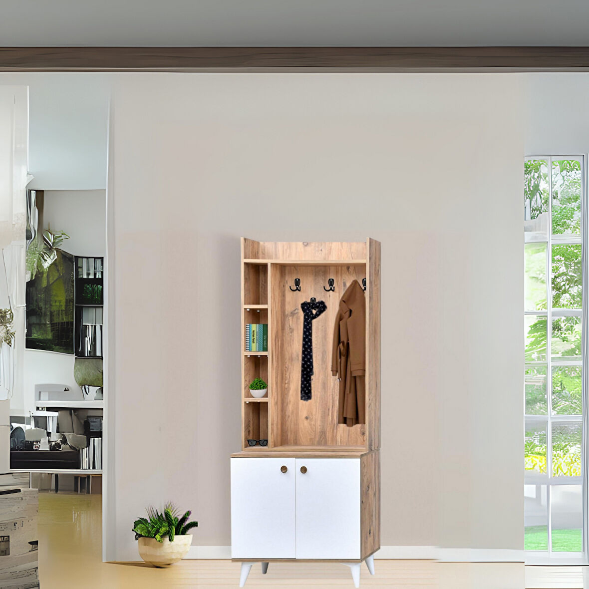 İnci Portmanto Askılıklı Atlantik Çam Beyaz Renkli Raflı Bölmeli 2 Kapaklı Portmanto 80x37x195 Cm