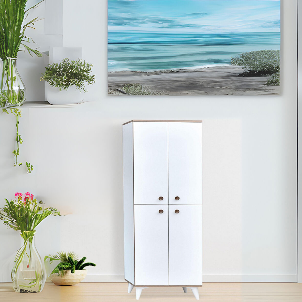 İnci Portmanto Dolabı Beyaz 4 Kapaklı Raflı Çok Amaçlı Ayakkabılık 60x37x195 Cm