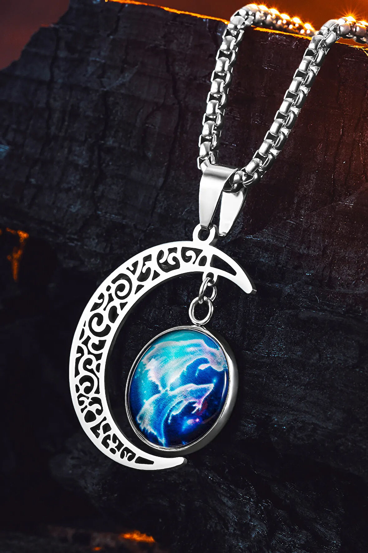 Lunara Steel Ay Figürlü Kozmik Taşlı Erkek Kolye Polo Zincir Kararmaz Çelik