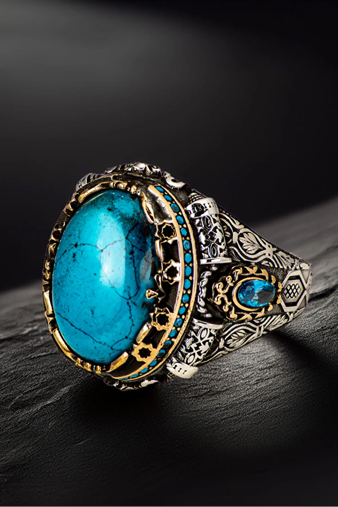 Erkek Oval Firuze Turkuaz Taşı Yanı Mavi Zirkon Taşı Şık Tasarım 925 Ayar Gümüş Yüzük