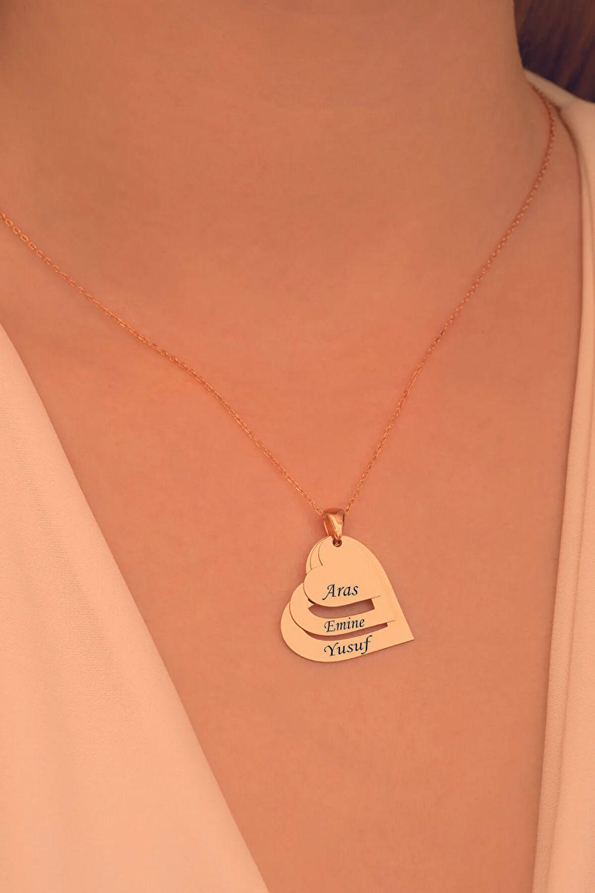 Kadın Gümüş Kolye - Kalp Tasarım 3 lü İsim Yazılan Gümüş Kolye