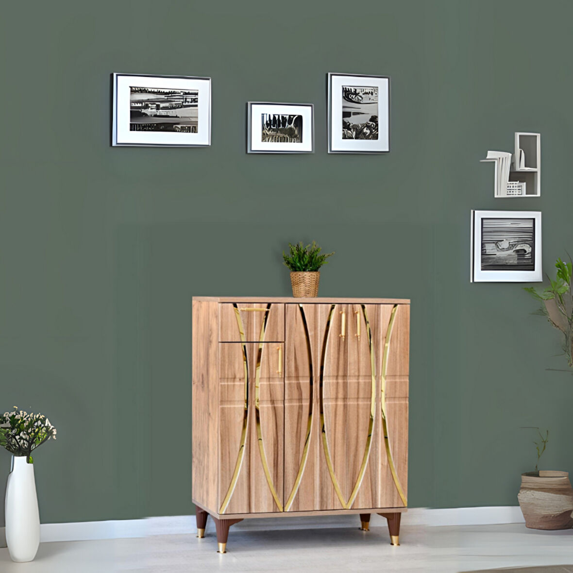 Ada Atlantik Çam Ayakkabılık Gold Şeritli 3 Kapaklı 1 Çekmeceli 90x32x105 Cm