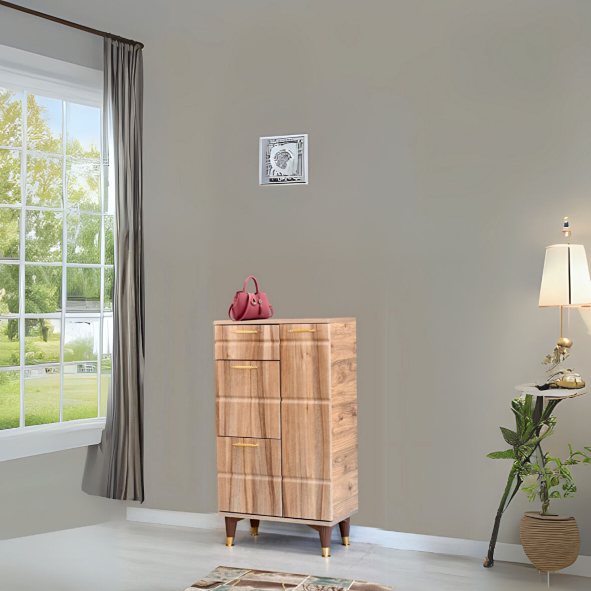 Roma Atlantik Çam Ayakkabılık Gold Detaylı 1 Kapaklı 1 Çekmeceli 2 Düşen Kapak 60x34x150 Cm