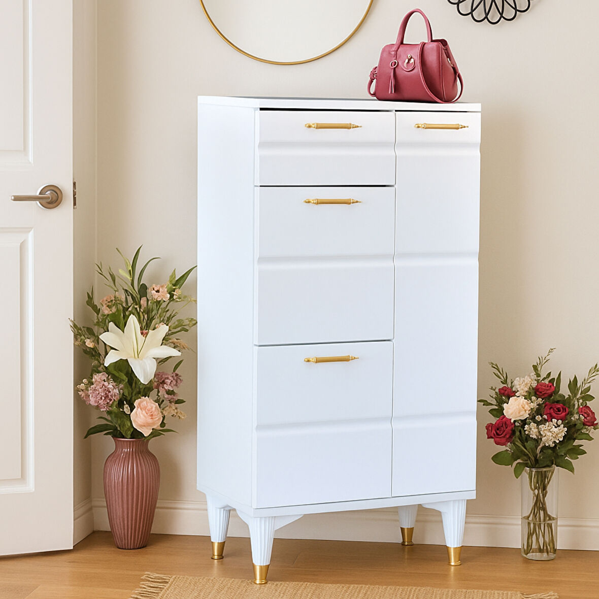 Roma Beyaz Ayakkabılık Gold Detaylı 1 Kapaklı 1 Çekmeceli 2 Düşen Kapak 60x34x150 Cm