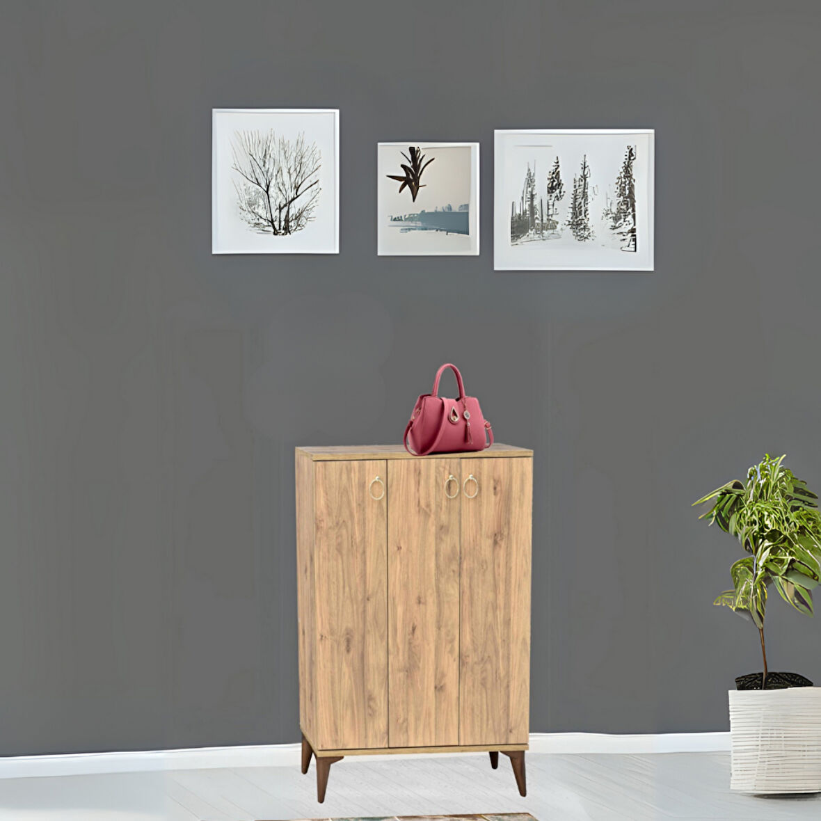 Sinbo Ayakkabılık Atlantik Çam 3 Kapaklı Raflı Yüksek Ayaklı Çok Gözlü Ayakkabı Dolabı 90x34x105 Cm