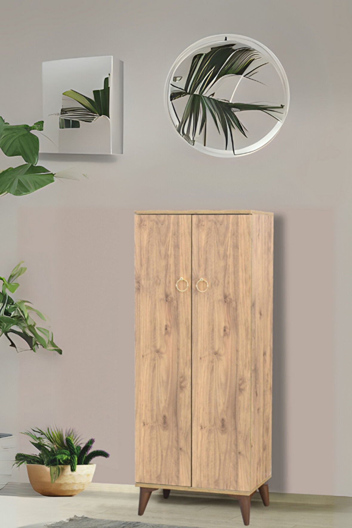 Oya Atlantik Çam Ayakkabılık 2 Kapaklı Raflı Altın Kulplu 60x32x150 Cm