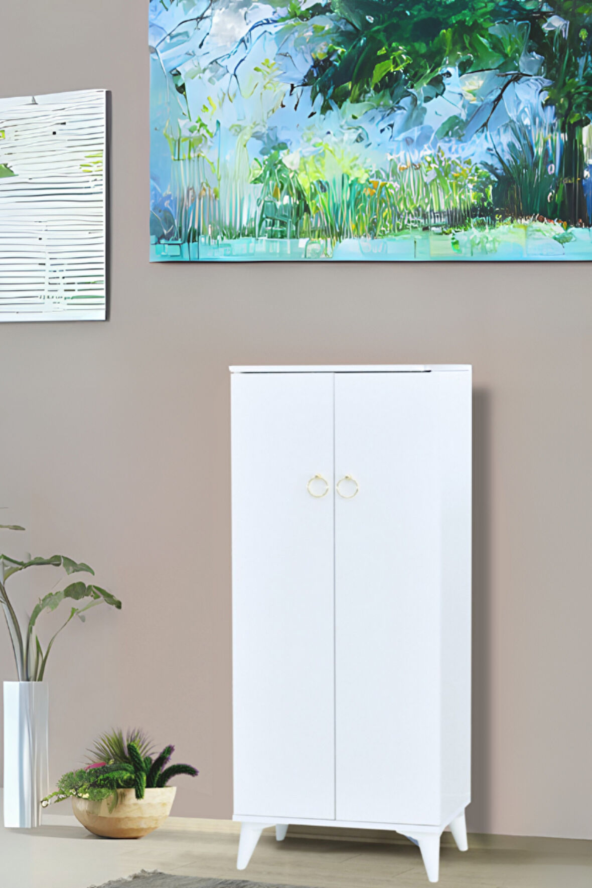 Oya Beyaz Ayakkabılık 2 Kapaklı Raflı Altın Kulplu 60x32x150 Cm