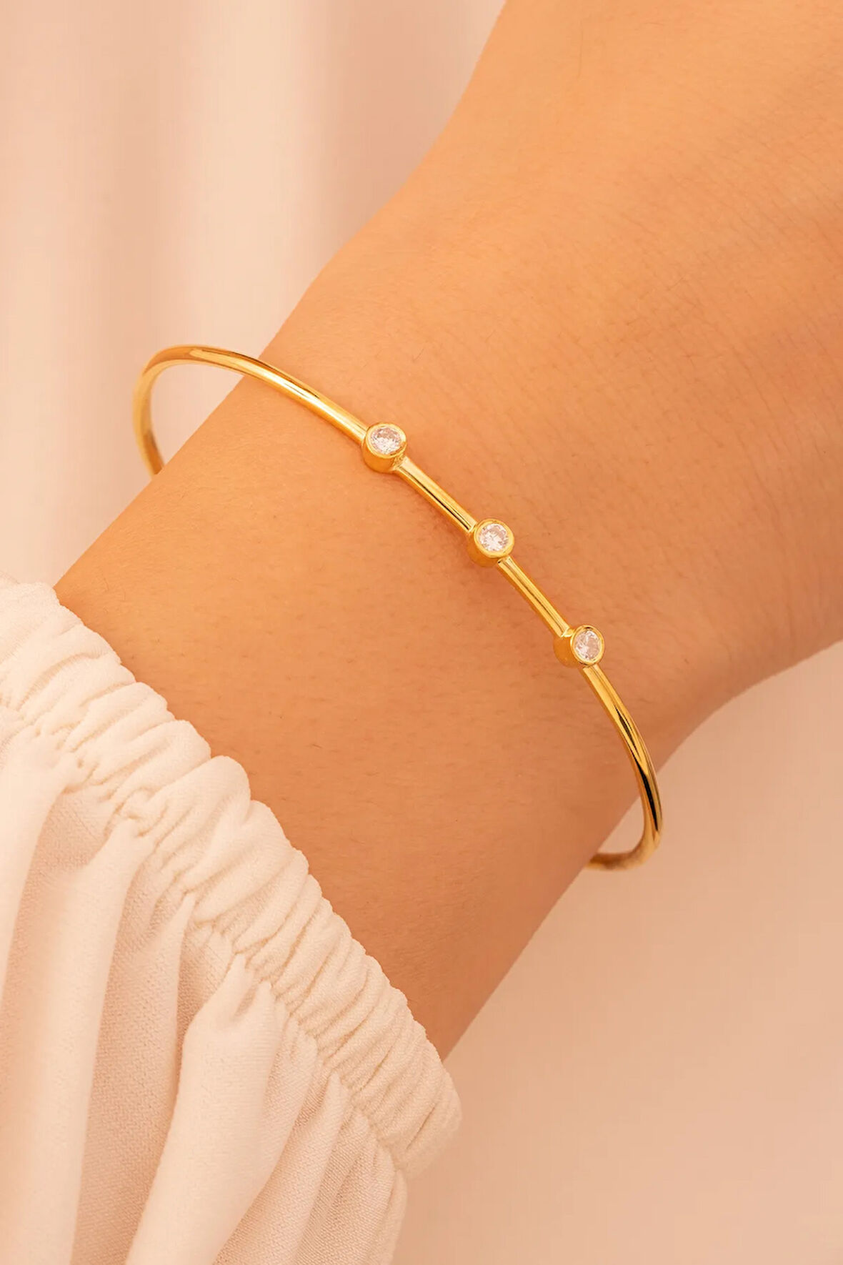 Kadın Gümüş Bileklik - Kadın Kelepçe - El Yapımı Altın Kaplama 3 Sıra Zirkon Taşlı Kadın Bileklik