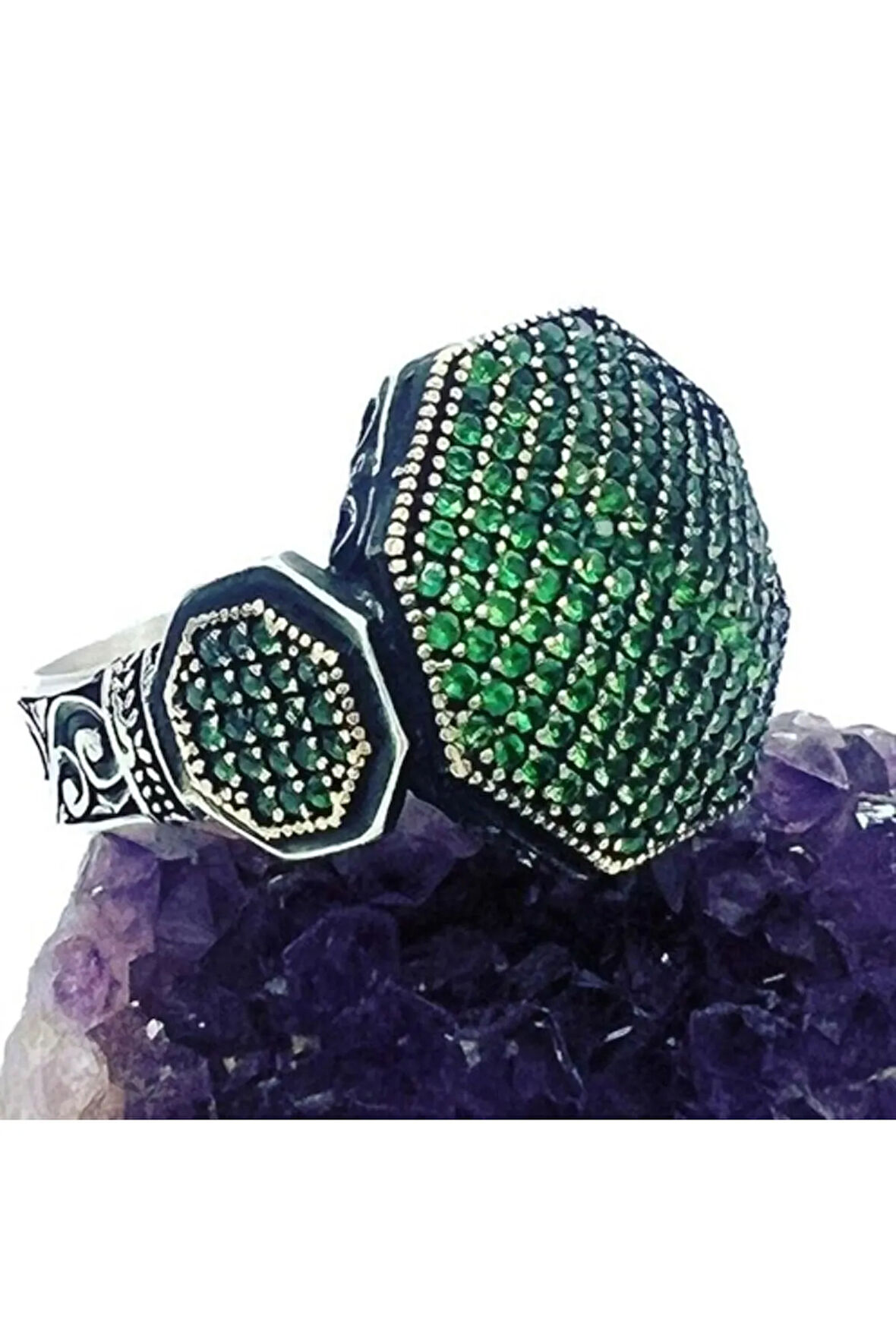 Erkek Gümüş Yüzük - Akron Yeşil Zirkon Yanı Taşlı Özel Seri Erkek Gümüş Yüzük