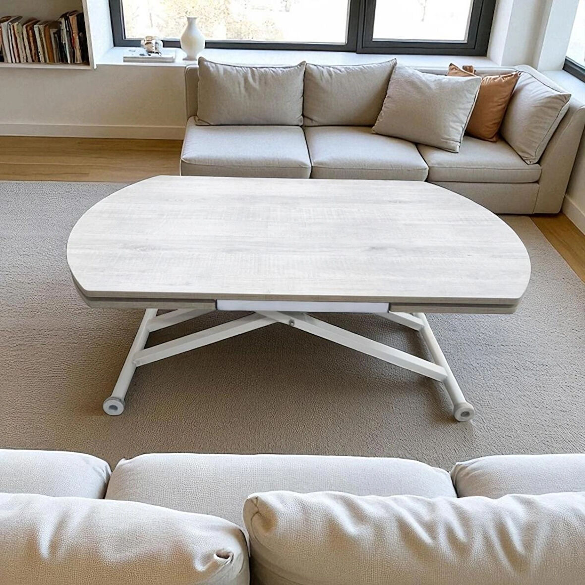 Oval Yan Baştan Açılır Akıllı Masa Üst Mdf Lizbon Alt Ayak Beyaz Renk