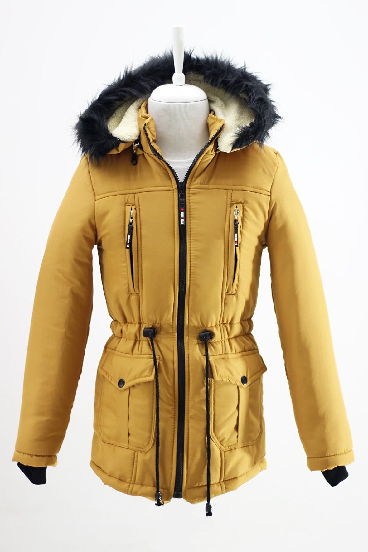 Unisex Çocuk Kışlık Kanvas Kumaş Büzmeli Diz Üstü İçi Kürk Kapüşonlu Kaban Mont