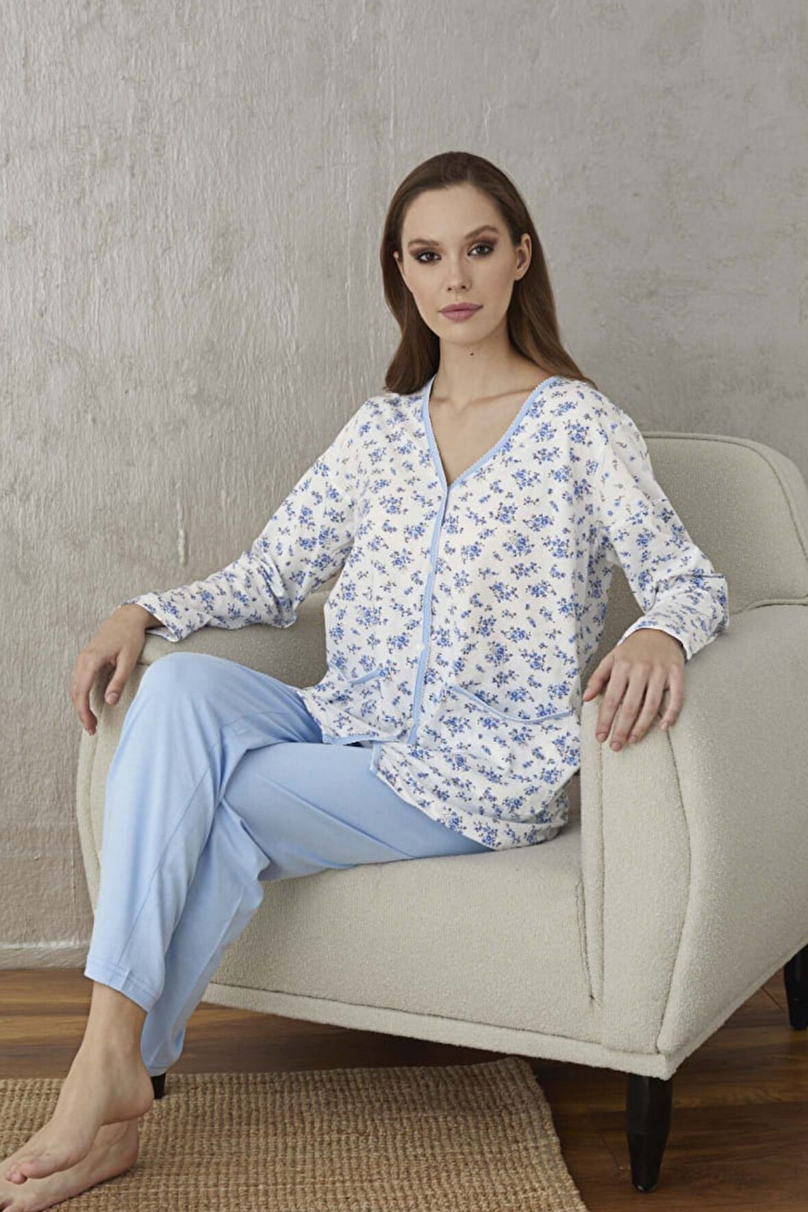 Aydoğan Kadın Mavi Desenli Hamile Pijama Takımı